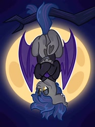 Size: 1535x2048 | Tagged: safe, artist:anxietymonstrr, oc, oc only, oc:shadow bite, bat pony, pony, bat pony oc, bat wings, clothes, crossed arms, crossed legs, ear piercing, earring, fangs, hanging, hanging upside down, jewelry, male, moon, necktie, night, piercing, prehensile tail, shirt, slit pupils, spread wings, stallion, tail, tree branch, upside down, wings