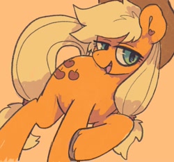 Size: 1679x1563 | Tagged: safe, artist:numetalalicorn, applejack, earth pony, pony, g4, applejack's hat, cowboy hat, female, hat, heart, heart eyes, lidded eyes, looking at you, mare, open mouth, open smile, orange background, simple background, smiling, smiling at you, solo, tied hair, unshorn fetlocks, wingding eyes