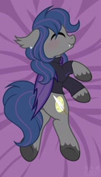 Size: 1170x2047 | Tagged: safe, artist:sweet cream, oc, oc only, oc:shadow bite, bat pony, pony, bat pony oc, bat wings, blushing, body pillow, body pillow design, clothes, ear fluff, ear piercing, earring, eyes closed, fangs, folded wings, jewelry, lying down, necktie, on side, piercing, shirt, smiling, solo, wings