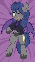 Size: 1170x2047 | Tagged: safe, artist:sweet cream, oc, oc only, oc:shadow bite, bat pony, pony, :p, bat pony oc, bat wings, blushing, body pillow, body pillow design, closed eye, clothes, ear fluff, ear piercing, earring, fangs, jewelry, lying down, necktie, on back, piercing, shirt, smiling, solo, spread wings, tongue out, wings