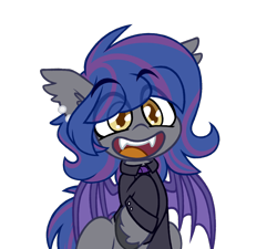 Size: 1318x1188 | Tagged: safe, artist:nekro-led, oc, oc only, oc:shadow bite, bat pony, pony, bat pony oc, bat wings, clothes, cute, ear piercing, earring, eye clipping through hair, eyebrows, eyebrows visible through hair, fangs, jewelry, male, necktie, open mouth, open smile, piercing, pink background, shirt, simple background, smiling, solo, spread wings, stallion, teeth, transparent background, wings