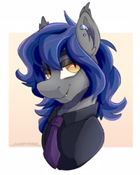 Size: 1638x2048 | Tagged: safe, artist:_candypone_, oc, oc:shadow bite, bat pony, pony, bat pony oc, bust, clothes, ear fluff, ear piercing, earring, fangs, grin, jewelry, lidded eyes, male, necktie, passepartout, piercing, portrait, shirt, simple background, smiling, solo, stallion, white background