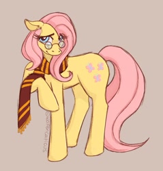 Size: 1373x1435 | Tagged: safe, artist:wolfencaticus, fluttershy, pony, g4, clothes, cosplay, costume, crossover, eyebrows, eyebrows visible through hair, female, floppy ears, glasses, gray background, harry potter, harry potter (series), looking at you, mare, raised hoof, scarf, signature, simple background, smiling, smiling at you, solo, wingless