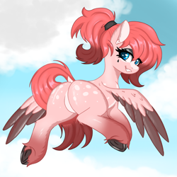 Size: 3000x3000 | Tagged: safe, artist:marbatra, oc, oc only, pegasus, pony, butt, coat markings, dock, featureless crotch, female, flying, goth, grin, looking back, mare, outdoors, plot, ponytail, rear view, smiling, solo, tail, underhoof, unshorn fetlocks, wings