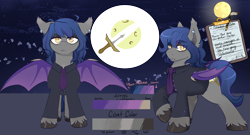 Size: 3728x2008 | Tagged: safe, artist:lexbunsfw, oc, oc only, oc:shadow bite, bat pony, bat pony oc, bat wings, clothes, cutie mark, ear fluff, ear piercing, earring, fangs, jewelry, male, moon, night, piercing, raised hoof, reference sheet, shirt, side view, slit pupils, solo, spread wings, stallion, text, wings