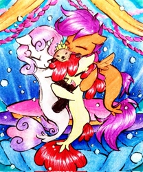 Size: 1703x2048 | Tagged: safe, artist:liaaqila, apple bloom, scootaloo, sweetie belle, otter, seapony (g4), g4, surf and/or turf, bubble, crown, cute, cutie mark crusaders, dorsal fin, eyes closed, female, fin, fin wings, fins, fish tail, flowing mane, flowing tail, happy, hug, in memoriam, jewelry, looking at each other, looking at someone, ocean, open mouth, open smile, regalia, ribbon, rosa the sea otter, sea otter, sea-mcs, seaponified, seapony apple bloom, seapony scootaloo, seapony sweetie belle, seaquestria, seashell, smiling, smiling at each other, species swap, swimming, tail, throne, traditional art, underwater, water, wings