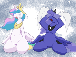 Size: 1600x1200 | Tagged: safe, artist:kushina13, princess celestia, princess luna, alicorn, pony, g4, abstract background, belly, belly button, bottom heavy, crying, duo, duo female, female, floppy ears, kneeling, mare, ocular gushers, open mouth, royal sisters, siblings, sisters, thighs, thunder thighs