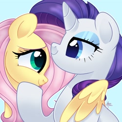 Size: 4000x4000 | Tagged: safe, artist:fizzlefer, fluttershy, rarity, earth pony, pegasus, pony, g4, colored pupils, duo, duo female, female, hoof on chin, lesbian, light blue background, looking at each other, looking at someone, mare, ship:flarity, shipping, simple background, smiling, smiling at each other, wing around shoulder