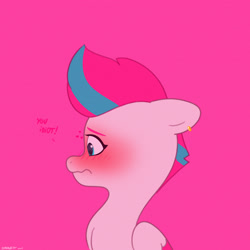 Size: 2480x2480 | Tagged: safe, artist:starburstuwu, zipp storm, pegasus, pony, g5, adorazipp, blushing, blushing profusely, bust, cute, ear piercing, earring, ears back, feathered wings, female, floating heart, floppy ears, folded wings, frown, heart, high res, jewelry, magenta background, mare, pegasus wings, piercing, simple background, solo, wavy mouth, wings