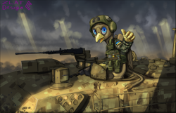 Size: 5223x3363 | Tagged: safe, artist:zlatdesign, derpibooru exclusive, oc, oc only, oc:oleksander clawkiv, griffon, clothes, cloud, cloudy, gun, helmet, m1 abrams, military, military uniform, solo, tank (vehicle), thumbs up, ukraine, uniform, war, weapon