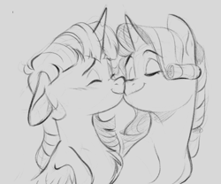 Size: 454x378 | Tagged: safe, artist:chub-wub, rarity, twilight sparkle, alicorn, pony, unicorn, g4, boop, bust, duo, duo female, eyes closed, female, grayscale, horn, lesbian, mare, monochrome, noseboop, nuzzling, ship:rarilight, shipping, sketch, smiling, twilight sparkle (alicorn), wip