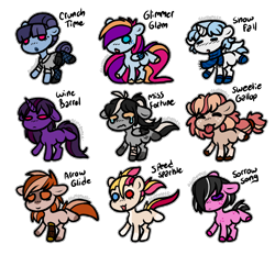 Size: 2820x2616 | Tagged: safe, artist:sexygoatgod, oc, oc only, oc:arrow glide, oc:crunch time, oc:glimmer glam, oc:miss fortune, oc:snow fall, oc:sorrow song, oc:speed sparkle, oc:sweetie gallop, oc:wine barrel, earth pony, pegasus, pony, unicorn, adoptable, female, horn, male, simple background, transparent background