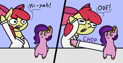 Size: 2048x1045 | Tagged: safe, artist:ewoudcponies, apple bloom, pipp petals, earth pony, pegasus, pony, g4, g5, 2 panel comic, clothes, comic, dialogue, duo, duo female, female, filly, foal, generation leap, gi, karate, mare, martial arts, pipp is short, pipp is smol, wat