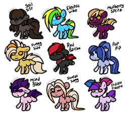 Size: 2820x2616 | Tagged: safe, artist:sexygoatgod, oc, oc only, oc:electric vibe, oc:frizzle frazzle, oc:mind blast, oc:mulberry spritz, oc:pop pip, oc:red barren, oc:soil sift, oc:sunny side, oc:sweet song, pony, adoptable, female, male, simple background, transparent background