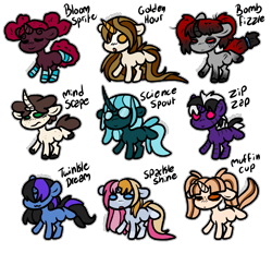 Size: 2820x2616 | Tagged: safe, artist:sexygoatgod, oc, oc only, oc:bloom sprite, oc:bomb fizzle, oc:golden hour, oc:mind scape, oc:muffin cup, oc:science spout, oc:sparkle shine, oc:twinkle dream, oc:zip zap, pony, adoptable, female, male, simple background, transparent background