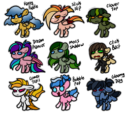 Size: 2820x2616 | Tagged: safe, artist:sexygoatgod, oc, oc only, oc:bubble pop, oc:click bait, oc:clover top, oc:comet trail, oc:dream prancer, oc:gloomy day, oc:happy puddle, oc:moss shadow, oc:slick slip, pony, adoptable, female, male, simple background, transparent background