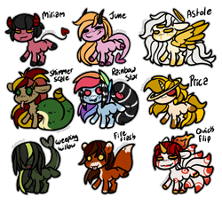 Size: 2820x2616 | Tagged: safe, artist:sexygoatgod, oc, oc only, oc:astole, oc:fire flash, oc:june, oc:miriam, oc:prica, oc:quick flip, oc:rainbow star, oc:shimmer scale, oc:weeping willow, angel, demon, fox, fox pony, hybrid, kelpie, lamia, ninetales, original species, pony, succubus, adoptable, fallen angel, female, male, pokémon, simple background, tail, tailmouth, transparent background