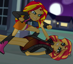 Size: 8358x7302 | Tagged: safe, artist:emeraldblast63, sunset shimmer, human, comic:the tale of two sunsets, equestria girls, g4, duality, duo, female, fight, human sunset, self paradox, show accurate, story included