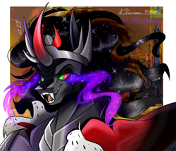 Size: 1400x1200 | Tagged: safe, artist:legendaryshadee, king sombra, pony, unicorn, g4, bust, ethereal mane, evil smile, fangs, horn, male, portrait, signature, smiling, solo, sombra eyes, stallion