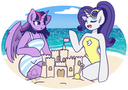 Size: 4664x3280 | Tagged: safe, artist:lolitablue, rarity, twilight sparkle, alicorn, unicorn, semi-anthro, g4, :o, arm hooves, beach, chest fluff, clothes, duo, duo female, eyes closed, female, horn, ocean, open mouth, open smile, sandcastle, signature, smiling, swimsuit, twilight sparkle (alicorn), water