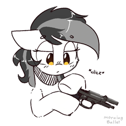 Size: 2000x2000 | Tagged: safe, artist:morningbullet, oc, oc only, oc:noot, pony, beretta 92fs, dexterous hooves, gun, handgun, onomatopoeia, pistol, simple background, solo, sound effects, white background