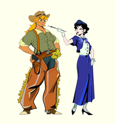 Size: 2466x2644 | Tagged: safe, artist:bixels, applejack, rarity, human, the grand galloping 20s, g4, boots, chaps, cigarette, cigarette holder, clothes, cowboy boots, duo, duo female, female, gun, hand on hip, handgun, height difference, high heels, holster, humanized, jacket, lesbian, light skin, lipstick, natural hair color, pincushion, revolver, ship:rarijack, shipping, shoes, simple background, skirt, spurs, suspenders, tan skin, white background