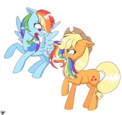 Size: 1372x1302 | Tagged: safe, alternate version, artist:galaxy swirl, applejack, rainbow dash, earth pony, pegasus, pony, g4, applejack's hat, biting, blushing, cowboy hat, duo, duo female, female, flying, freckles, hat, lesbian, mare, open mouth, ship:appledash, shipping, simple background, spread wings, tail, tail bite, white background, wings