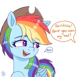 Size: 1280x1280 | Tagged: safe, artist:galaxy swirl, applejack, rainbow dash, pegasus, pony, g4, applejack's hat, blatant lies, blushing, cowboy hat, dialogue, female, folded wings, hat, mare, offscreen character, open mouth, open smile, simple background, smiling, solo, speech bubble, white background, wings