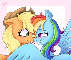 Size: 1214x1036 | Tagged: safe, artist:galaxy swirl, applejack, rainbow dash, earth pony, pegasus, pony, g4, applejack's hat, blushing, boop, cowboy hat, duo, duo female, eye contact, female, freckles, grin, hat, heart, lesbian, looking at each other, looking at someone, mare, nose wrinkle, noseboop, ship:appledash, shipping, smiling, smiling at someone, spread wings, wings