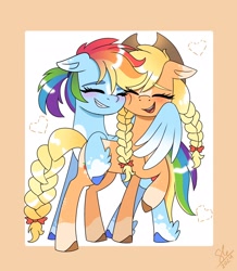 Size: 1782x2048 | Tagged: safe, artist:galaxy swirl, applejack, rainbow dash, earth pony, pegasus, pony, g4, alternate hairstyle, applejack's hat, blushing, braid, braided pigtails, braided tail, cheek squish, cowboy hat, duo, duo female, eyes closed, female, freckles, hat, heart, hug, lesbian, mare, open mouth, open smile, passepartout, pigtails, raised hoof, ship:appledash, shipping, smiling, squishy cheeks, tail, winghug, wings