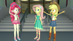 Size: 2048x1152 | Tagged: safe, artist:gaelgaming1, applejack, fluttershy, pinkie pie, human, equestria girls, g4, my little pony equestria girls: better together, 3d, applejack's skirt, canterlot high, clothes, denim, denim skirt, female, fluttershy boho dress, rah rah skirt, skirt, source filmmaker, trio, trio female