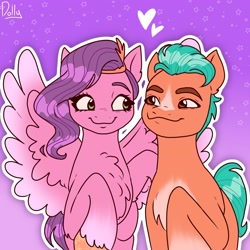 Size: 2048x2048 | Tagged: safe, artist:the-fucking-cannibal, hitch trailblazer, pipp petals, earth pony, pegasus, pony, g5, chest fluff, duo, duo male and female, female, friendshipping, gradient background, heart, high res, looking at each other, looking at someone, male, mare, not shipping, outline, spread wings, stallion, straight, white outline, wings