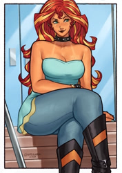 Size: 424x600 | Tagged: safe, artist:nire, edit, sunset shimmer, human, equestria girls, g4, bare shoulders, boots, breasts, busty sunset shimmer, choker, cleavage, clothes, confident, crossed legs, denim, dress, eyeshadow, fixed head, freckles, jeans, leather, leather boots, makeup, nail polish, outdoors, pants, passepartout, peppered bacon, shoes, sitting, sleeveless, smiling, spiked choker, spiked wristband, stairs, strapless, stupid sexy sunset shimmer, tan, thighs, thunder thighs, wide hips, wristband