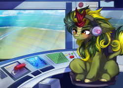 Size: 3986x2863 | Tagged: safe, artist:2pandita, oc, oc only, kirin, air traffic control, air traffic controller, chair, headphones, kirin oc, ocean, sitting, solo, unshorn fetlocks, water