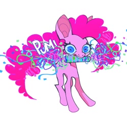 Size: 908x877 | Tagged: safe, artist:cutesykill, pinkie pie, earth pony, pony, g4, big ears, blue eyes, blue sclera, colored pinnae, colored sclera, concave belly, confetti, curly mane, curly tail, eyelashes, female, long legs, mare, missing cutie mark, mouth hold, onomatopoeia, pink coat, pink mane, pink tail, rectangular pupil, simple background, slender, solo, tail, teeth, thin, thin legs, three quarter view, white background, wide eyes