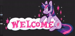 Size: 2048x1009 | Tagged: safe, artist:beyhr, twilight sparkle, pony, unicorn, g4, art program in frame, bangs, banner, digital art, eye clipping through hair, eyelashes, female, grid background, horn, looking back, mare, patterned background, pink text, pixel art, procreate app, purple coat, purple eyes, shiny mane, shiny tail, sitting, smiling, solo, sparkles, starry eyes, straight mane, straight tail, three toned mane, three toned tail, unicorn horn, unicorn twilight, welcome, wingding eyes