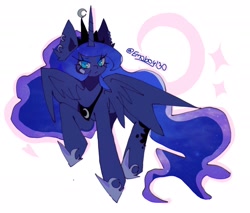 Size: 2126x1812 | Tagged: safe, artist:emoboy130, princess luna, alicorn, pony, g4, bandaid, blue eyes, blue eyeshadow, colored pinnae, crown, ear fluff, ear piercing, earring, ethereal mane, eyelashes, eyeshadow, female, flying, frown, hoof shoes, horn, jewelry, long eyelashes, long horn, long mane, long tail, makeup, mare, partially open wings, peytral, piercing, princess shoes, raised hoof, regalia, signature, simple background, solo, sparkles, starry mane, starry tail, tail, three quarter view, tiara, two toned mane, two toned tail, unicorn horn, wavy mane, wavy tail, white background, wings