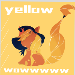 Size: 1080x1080 | Tagged: safe, artist:mengmao422, oc, earth pony, pony, brown coat, english, no eyes, orange coat, simple background, sitting, solo, text, yellow background