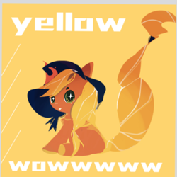 Size: 1080x1080 | Tagged: safe, artist:mengmao422, oc, earth pony, pony, brown coat, english, lineless, no eyes, orange coat, simple background, sitting, solo, text, yellow background