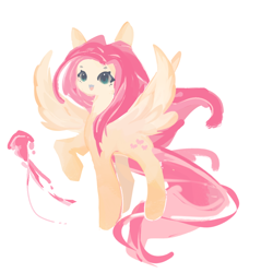 Size: 1080x1080 | Tagged: safe, artist:mengmao422, fluttershy, pegasus, pony, g4, cute, female, full body, mare, open mouth, open smile, pink mane, pink tail, raised hoof, shyabetes, simple background, smiling, solo, spread wings, tail, tan coat, white background, wings