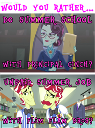 Size: 928x1244 | Tagged: safe, edit, edited screencap, screencap, flam, flim, principal abacus cinch, human, a case for the bass, equestria girls, g4, my little pony equestria girls: friendship games, my little pony equestria girls: rainbow rocks, brothers, clothes, duo, female, flim flam brothers, folder, glasses, looking at you, male, siblings, would you rather