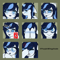 Size: 3000x2979 | Tagged: safe, artist:purple wingshade, oc, oc:misty days, fairy, pony, angry, annoyed, blue blush, blush scribble, blushing, cross-popping veins, ear piercing, emanata, emoji, emotes, facehoof, glasses, heart, kiss mark, kissing, lipstick, no u, piercing, playing card, solo, stare, uno, uno reverse card