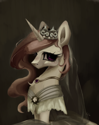 Size: 1868x2351 | Tagged: safe, artist:brainr0tter, princess celestia, alicorn, pony, g4, bust, clothes, crown, dress, female, high res, jewelry, looking at you, mare, pink-mane celestia, regalia, solo