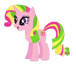 Size: 493x424 | Tagged: safe, artist:selenaede, artist:user15432, lulu luck, pony, unicorn, g4, base used, generation leap, horn, multicolored mane, multicolored tail, not rarity, open mouth, open smile, pink coat, purple eyes, rarity hair, recolor, simple background, smiling, solo, tail, transparent background