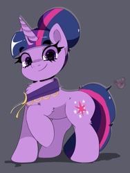 Size: 1536x2048 | Tagged: safe, artist:galaxynightt, twilight sparkle, pony, unicorn, g4, alternate hairstyle, eyebrows, eyebrows visible through hair, female, gray background, hair bun, horn, looking at you, mare, raised hoof, simple background, smiling, smiling at you, solo, tail, unicorn twilight