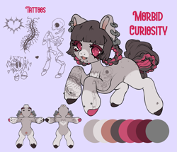 Size: 3641x3136 | Tagged: safe, alternate version, oc, oc:morbidcuriosity, earth pony, colored, ear piercing, flat colors, leg piercing, piercing, reference sheet, solo, tattoo