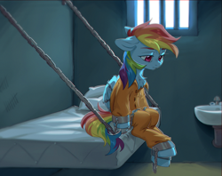 Size: 3000x2380 | Tagged: safe, artist:ls_skylight, rainbow dash, g4, bound wings, chained, chains, clothes, indoors, jail, jail cell, jumpsuit, never doubt rainbowdash69's involvement, prison, prison cell, prison outfit, prisoner, prisoner rd, shackles, solo, wings