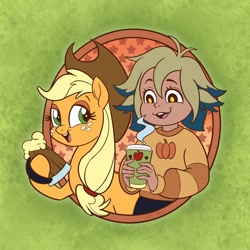 Size: 2048x2048 | Tagged: safe, artist:sophie scruggs, part of a set, earth pony, humanoid, pony, g4, spoiler:the owl house, applejack's hat, cider, cider mug, cowboy hat, duo, duo female, female, freckles, hat, high res, mare, mug, open mouth, open smile, smiling, the owl house, vee