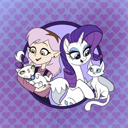 Size: 2048x2048 | Tagged: safe, artist:sophie scruggs, part of a set, opalescence, rarity, cat, humanoid, pony, unicorn, g4, spoiler:the owl house, abstract background, amity blight, bow, duo, duo female, ear piercing, eyeshadow, female, ghost (the owl house), hair bow, heart, horn, makeup, mare, open mouth, open smile, palisman, patterned background, pet, piercing, smiling, the owl house, witch