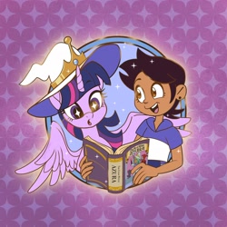 Size: 2048x2048 | Tagged: safe, artist:sophie scruggs, part of a set, twilight sparkle, alicorn, human, pony, g4, spoiler:the owl house, abstract background, book, clothes, duo, duo female, ear piercing, female, hat, horn, luz noceda (the owl house), mare, open mouth, open smile, patterned background, piercing, smiling, sparkles, sparkly eyes, spread wings, the good witch azura, the owl house, twilight sparkle (alicorn), wingding eyes, wings, witch, witch hat